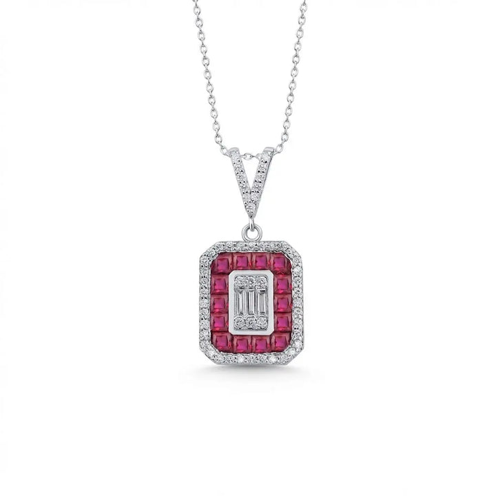 Ruby Halo Diamond with Baguette Center in 0.52 ct Diamonds solid diamond pendant by Majestic Jewellery