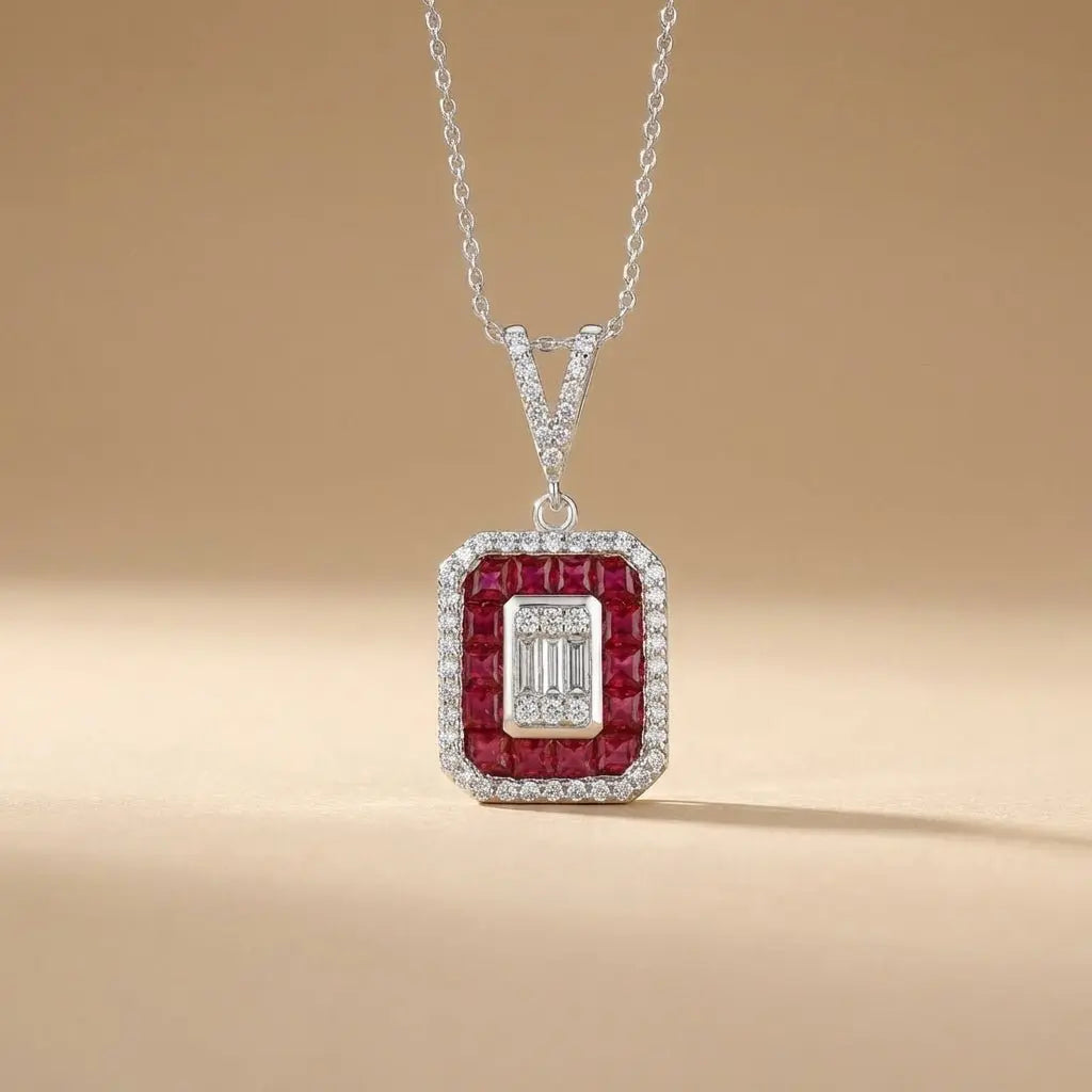 Ruby Halo Diamond with Baguette Center in 0.52 ct Diamonds solid diamond pendant by Majestic Jewellery