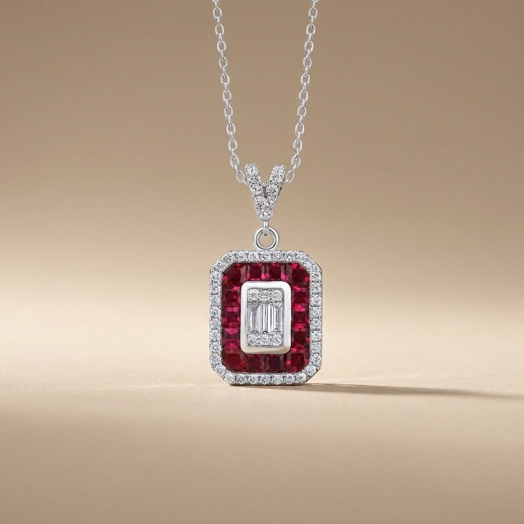 Ruby Halo Baguette Diamond Pendant in 14K White Gold – 0.31 ct Diamonds