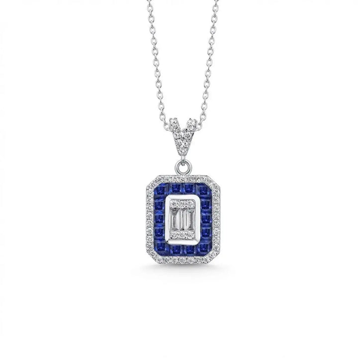 Sapphire Halo Baguette Diamond Pendant in 14K White Gold – 0.35 ct Diamonds - Majestic Jewellery
