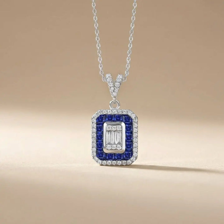Sapphire Halo Baguette Diamond Pendant in 14K White Gold – 0.35 ct Diamonds - Majestic Jewellery
