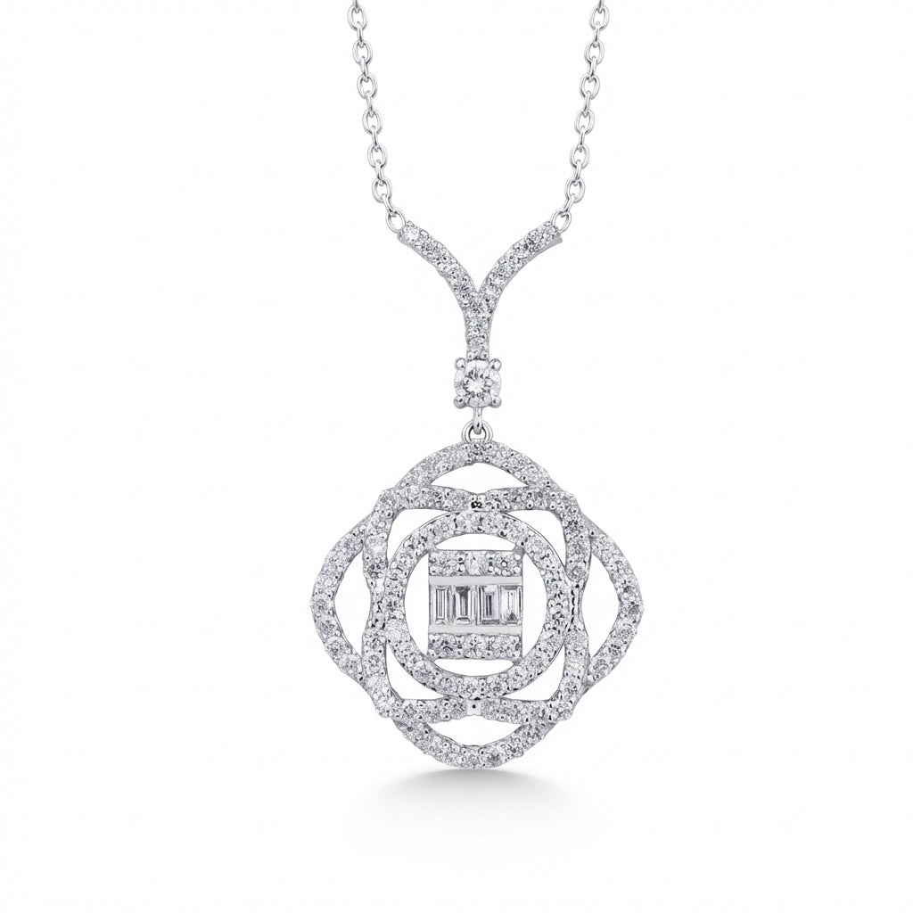 Floral Halo Baguette Diamond Pendant in 14K White Gold – 0.86 ct Natural Diamonds