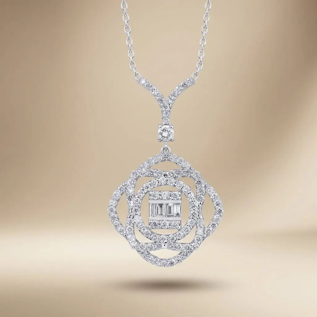 Floral Halo Baguette Diamond in 0.86 ct Natural Diamonds solid diamond pendant by Majestic Jewellery