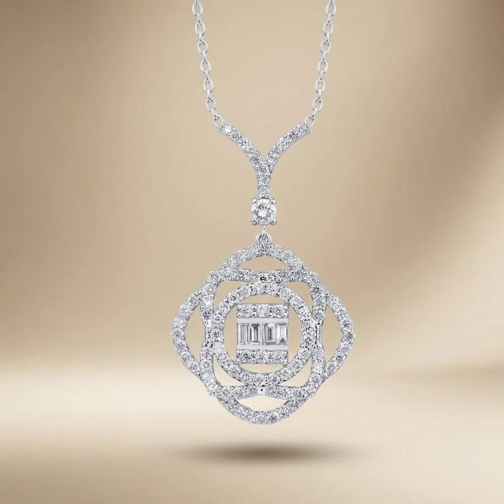Floral Halo Baguette Diamond in 0.86 ct Natural Diamonds solid diamond pendant by Majestic Jewellery