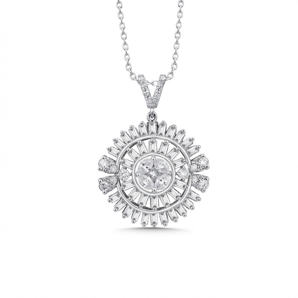 Sunburst Baguette Diamond Pendant in 14K White Gold – 1.28 ct Natural Diamonds