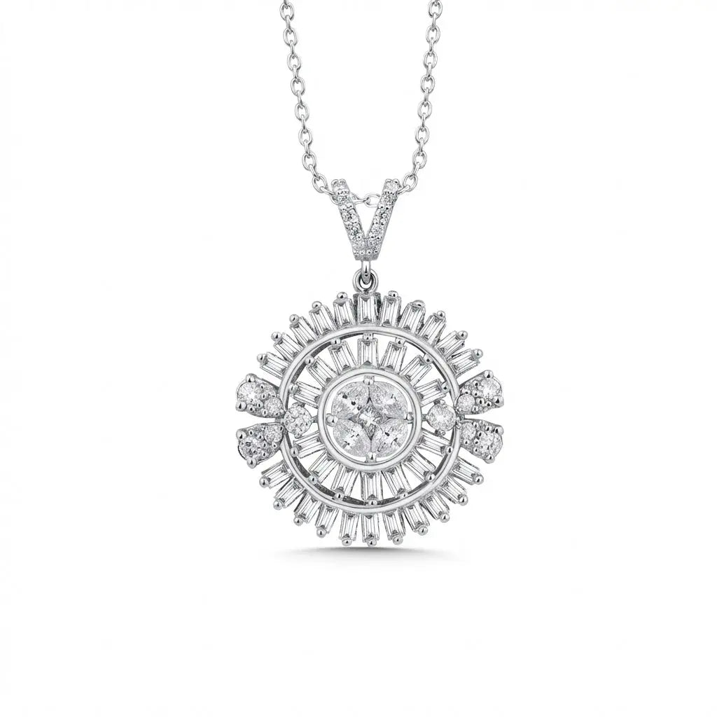 Sunburst Baguette Diamond in 1.28 ct Natural Diamonds solid diamond pendant by Majestic Jewellery