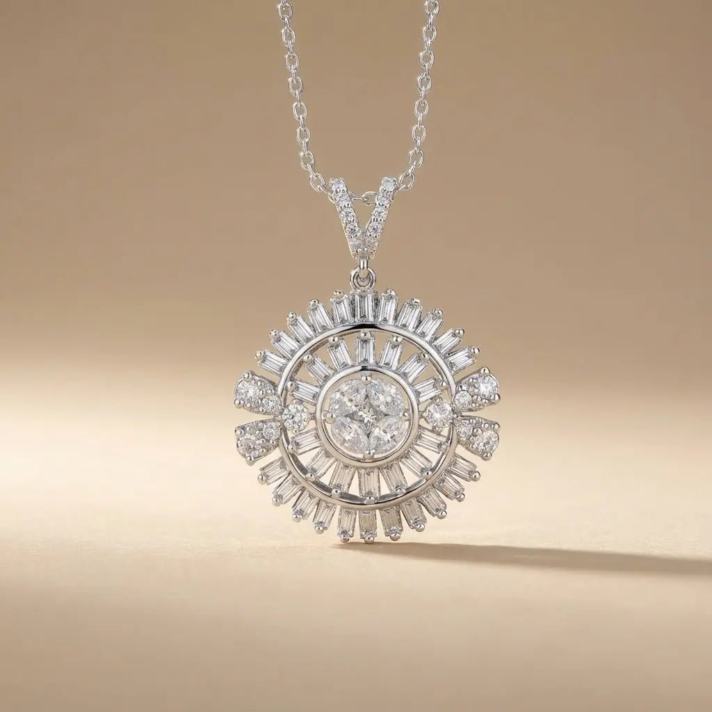 Sunburst Baguette Diamond in 1.28 ct Natural Diamonds solid diamond pendant by Majestic Jewellery