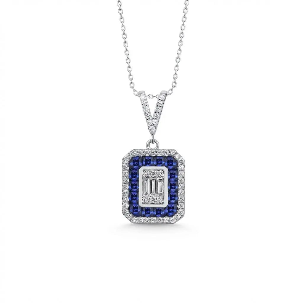 Sapphire Halo Baguette Diamond Pendant in 14K White Gold – 0.62 ct Diamonds - Majestic Jewellery