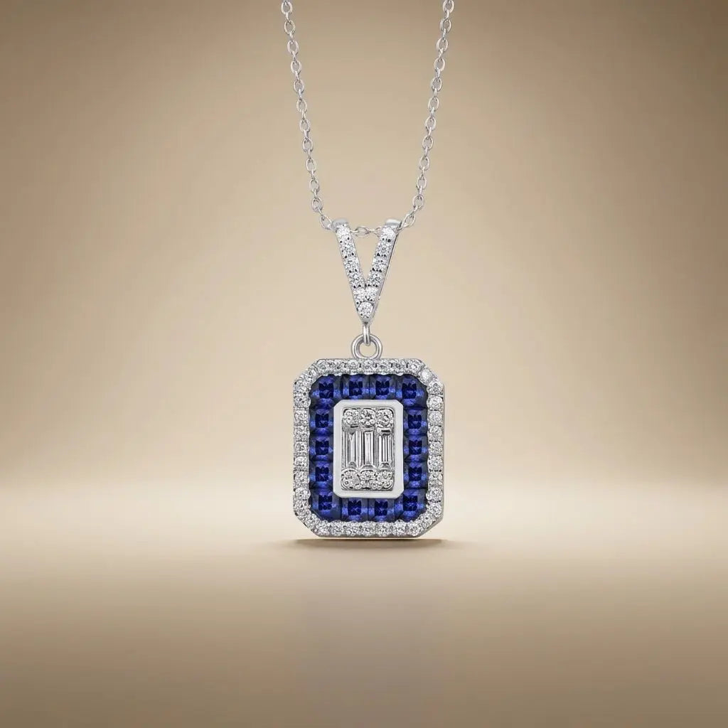Sapphire Halo Baguette Diamond Pendant in 14K White Gold – 0.62 ct Diamonds - Majestic Jewellery