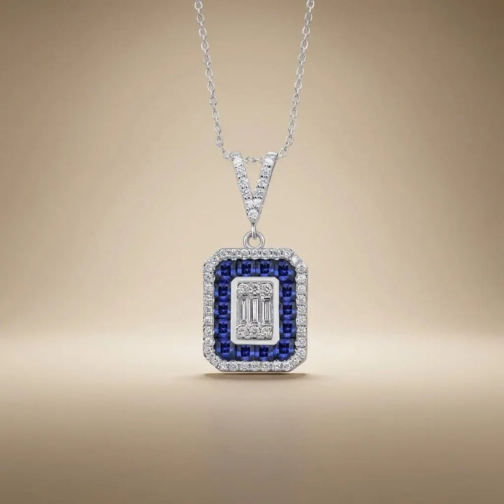 Sapphire Halo Baguette Diamond Pendant in 14K White Gold – 0.62 ct Diamonds - Majestic Jewellery