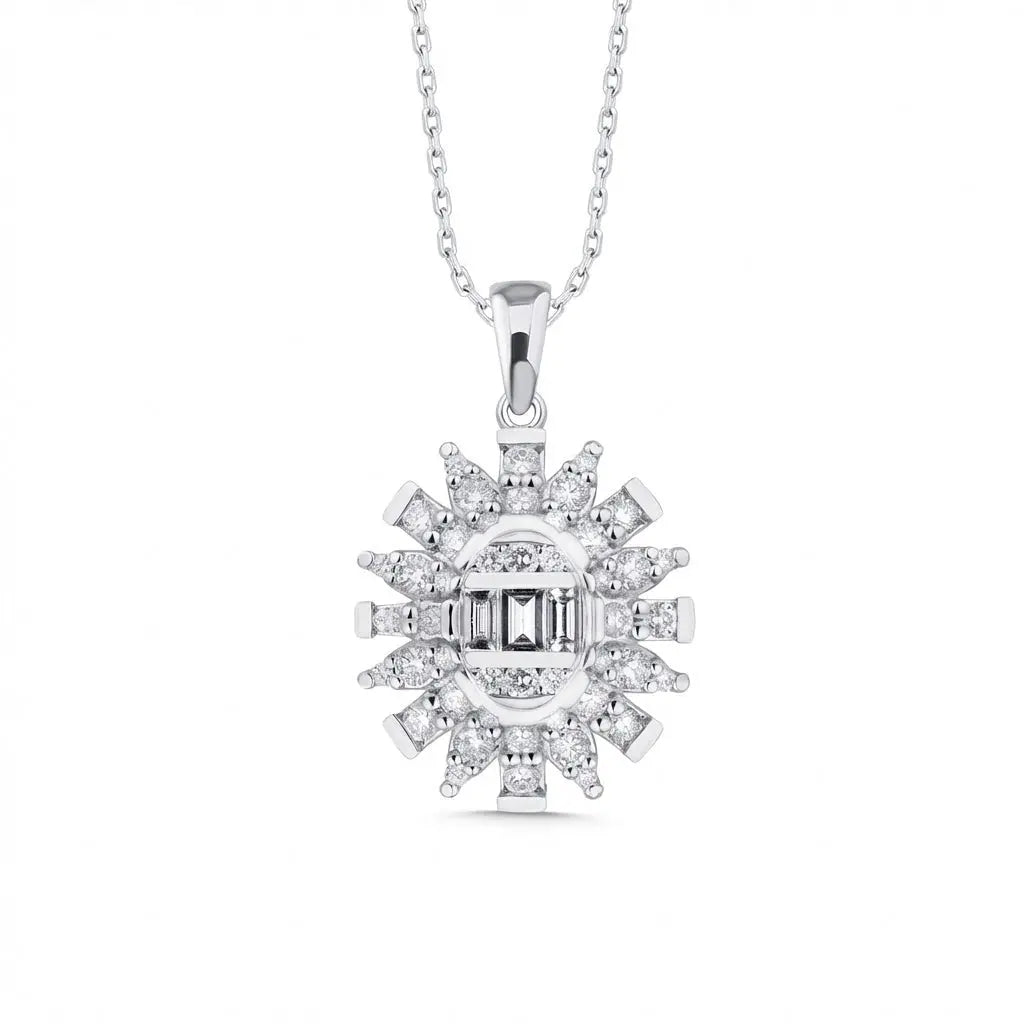 Sunburst Baguette & Round Diamond Pendant in 14K White Gold – 0.61 ct Natural Diamonds - Majestic Jewellery