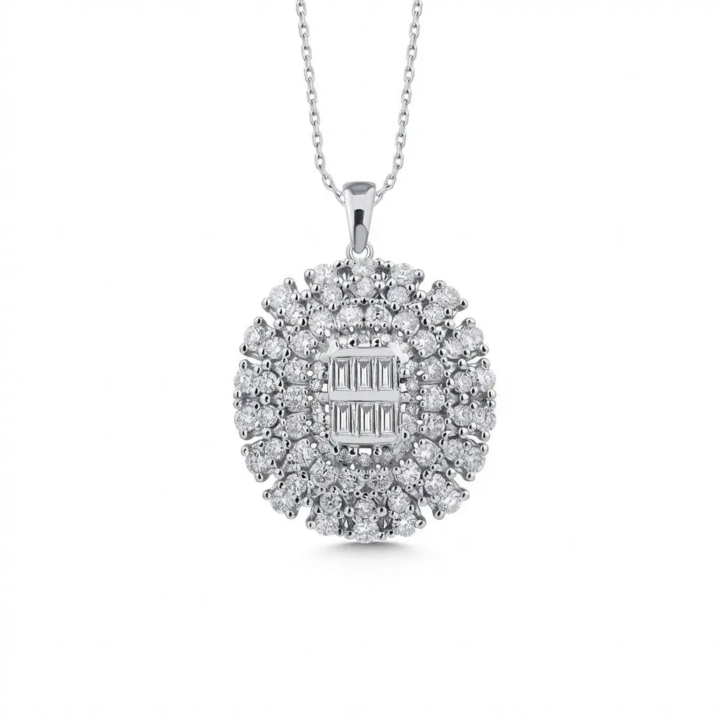 Oval Cluster Baguette & Round Diamond Pendant in 14K White Gold – 1.39 ct Natural Diamonds - Majestic Jewellery