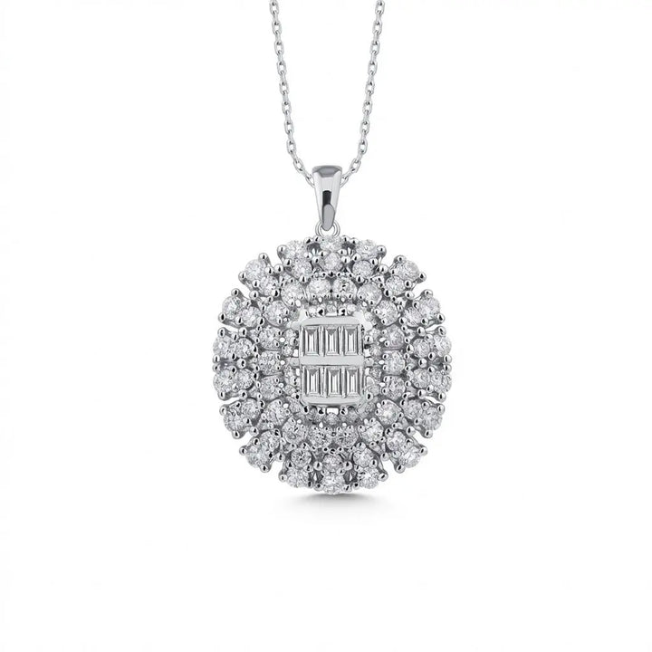 Oval Cluster Baguette & Round Diamond Pendant in 14K White Gold – 1.39 ct Natural Diamonds - Majestic Jewellery