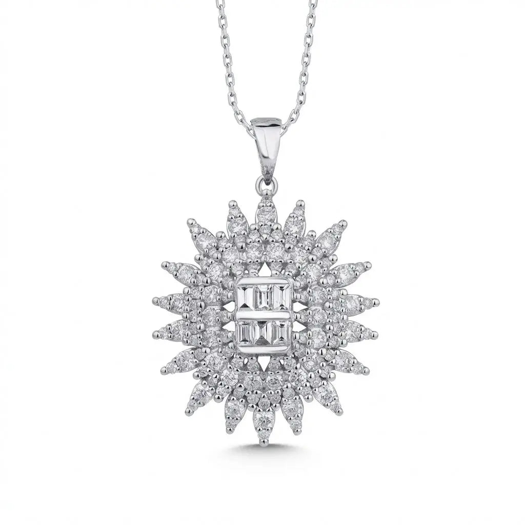 Radiant Starburst Diamond Pendant in 14K White Gold – 1.28 ct Natural Diamonds - Majestic Jewellery