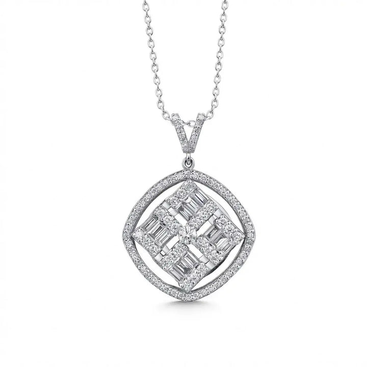 Geometric Baguette Diamond Halo Pendant in 14K White Gold – 1.03 ct Natural Diamonds - Majestic Jewellery