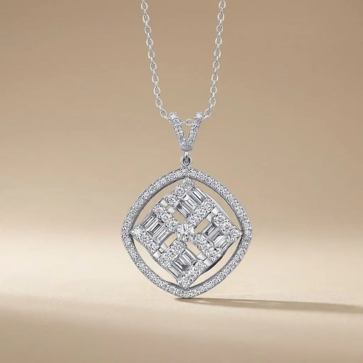 Geometric Baguette Diamond Halo Pendant in 14K White Gold – 1.03 ct Natural Diamonds - Majestic Jewellery
