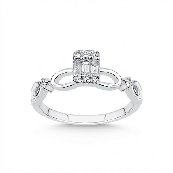 Infinity Diamond Ring with Baguette Center – 14K White Gold