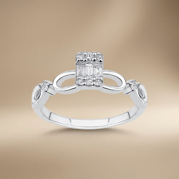 Infinity Diamond Ring with Baguette Center – 14K White Gold