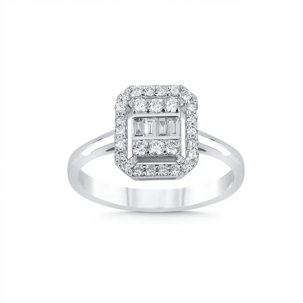 Baguette Diamond Halo 0.39 ct solid diamond ring by Majestic Jewellery