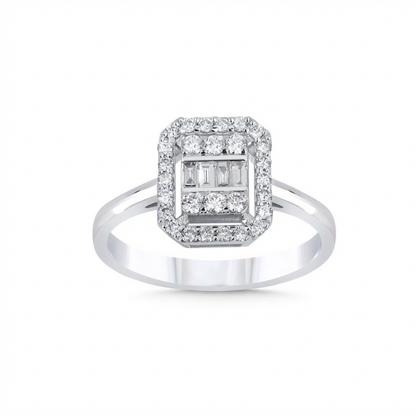Baguette Diamond Halo Ring – 0.39 ct 14K White Gold