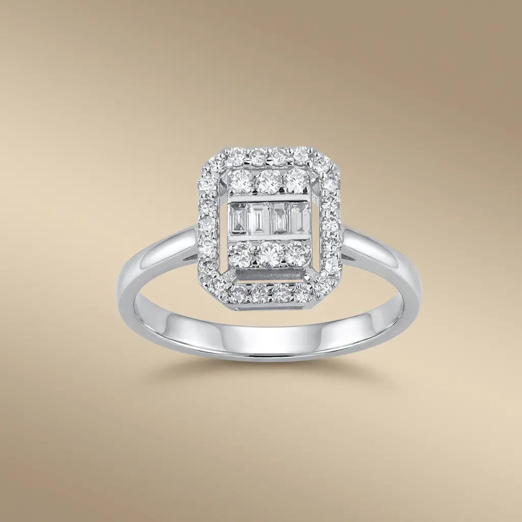 Baguette Diamond Halo 0.39 ct solid diamond ring by Majestic Jewellery