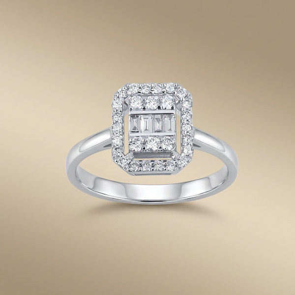 Baguette Diamond Halo Ring – 0.39 ct 14K White Gold