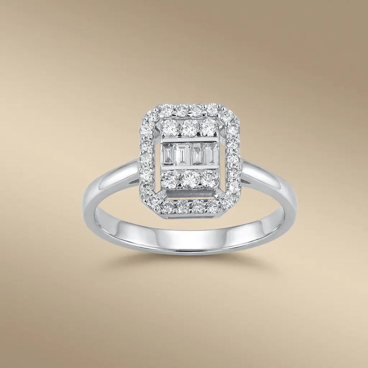 Baguette Diamond Halo 0.39 ct solid diamond ring by Majestic Jewellery