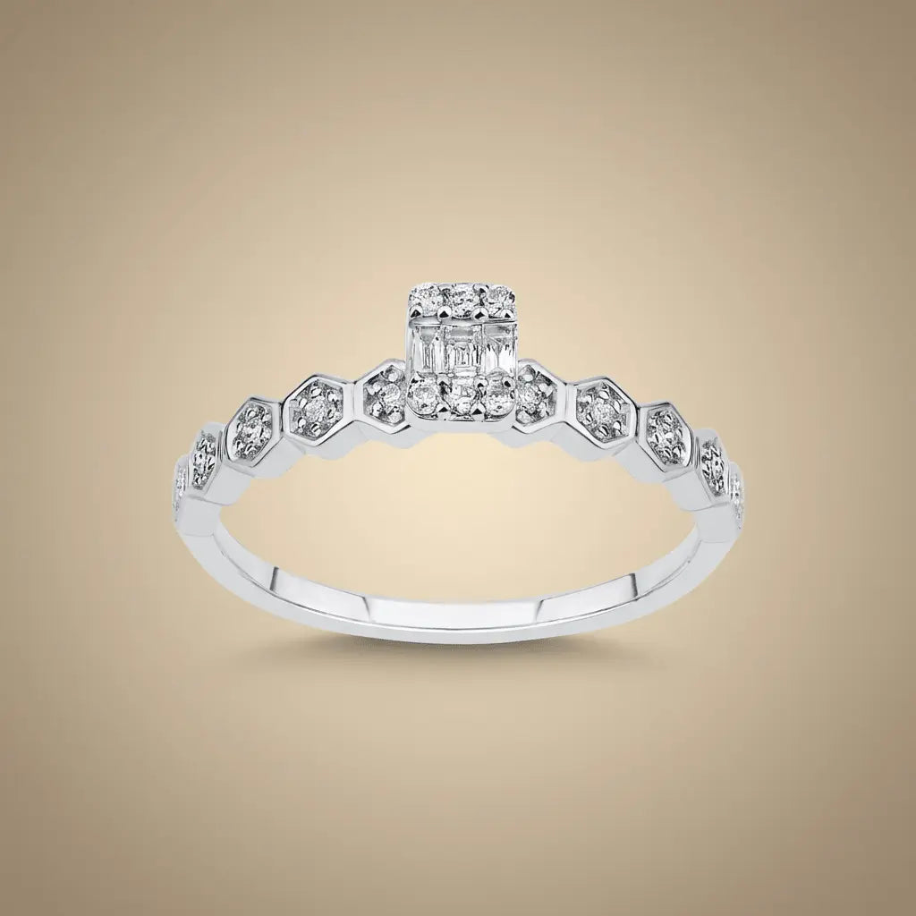 Hexagon Diamond Band Ring with Baguette Center – 14K White Gold - Majestic Jewellery
