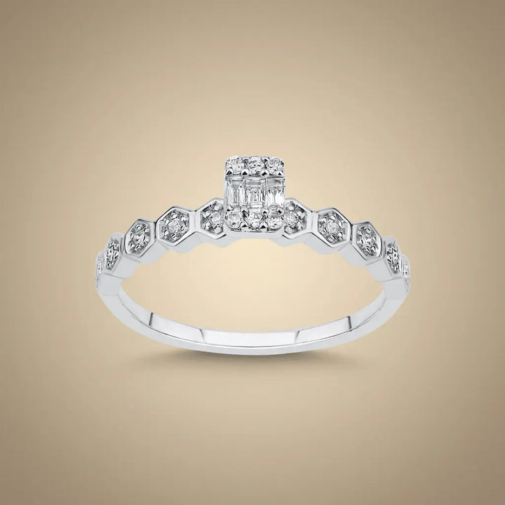 Hexagon Diamond Band Ring with Baguette Center – 14K White Gold - Majestic Jewellery