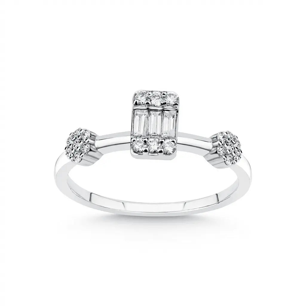 Baguette Center Diamond Ring with Cluster Accents – 14K White Gold - Majestic Jewellery