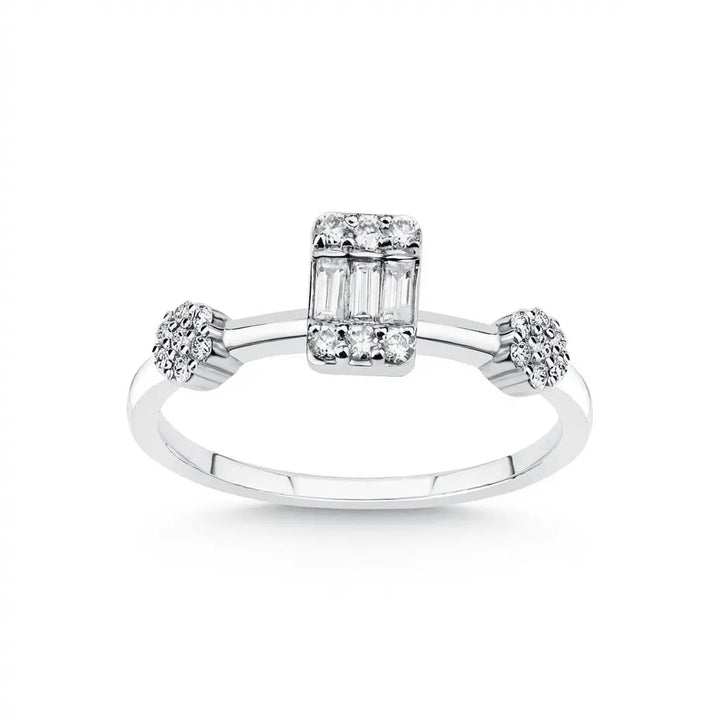 Baguette Center Diamond Ring with Cluster Accents – 14K White Gold - Majestic Jewellery