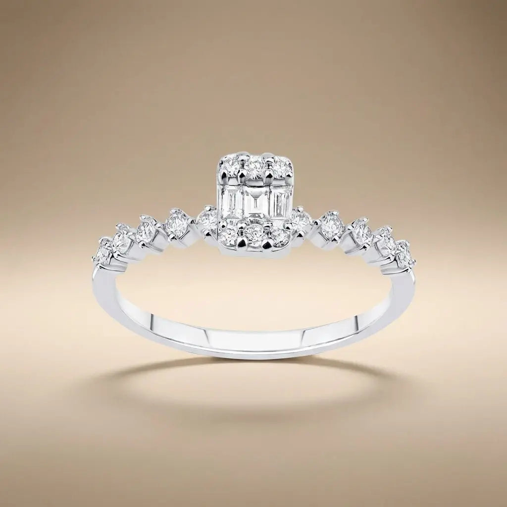 Baguette Diamond Cluster Ring with Accented Band – 14K White Gold - Majestic Jewellery