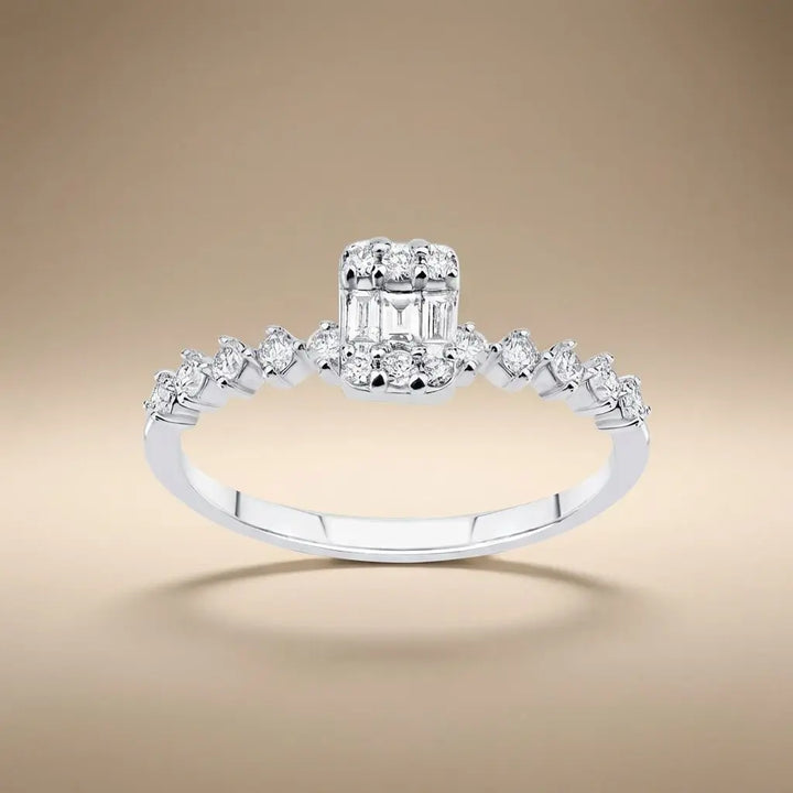Baguette Diamond Cluster Ring with Accented Band – 14K White Gold - Majestic Jewellery