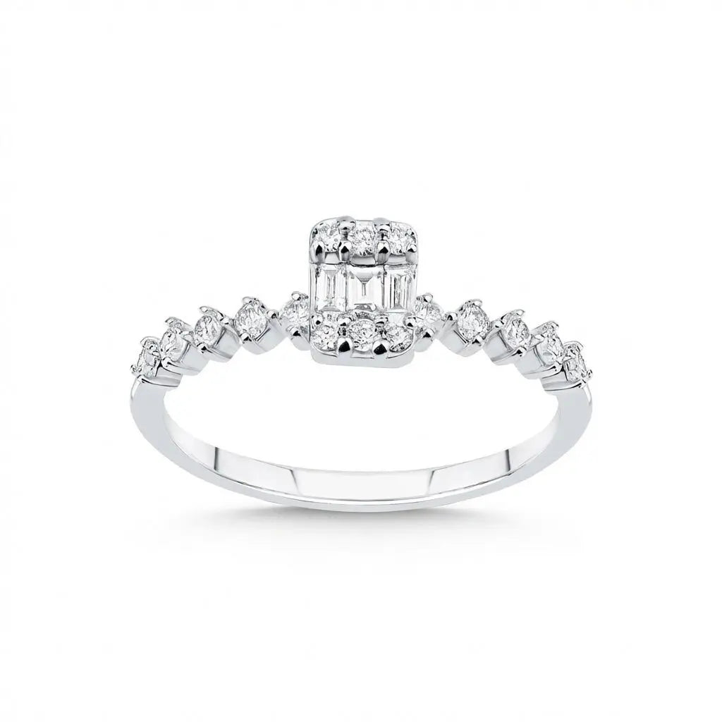 Baguette Diamond Cluster Ring with Accented Band – 14K White Gold - Majestic Jewellery