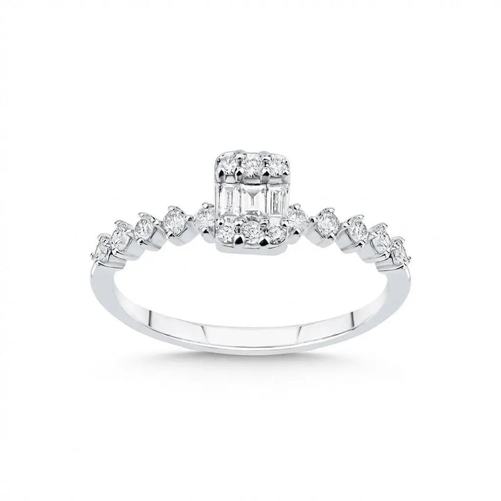 Baguette Diamond Cluster Ring with Accented Band – 14K White Gold - Majestic Jewellery