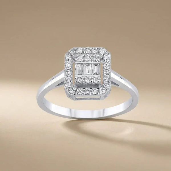 Emerald Halo Baguette Diamond solid diamond ring by Majestic Jewellery