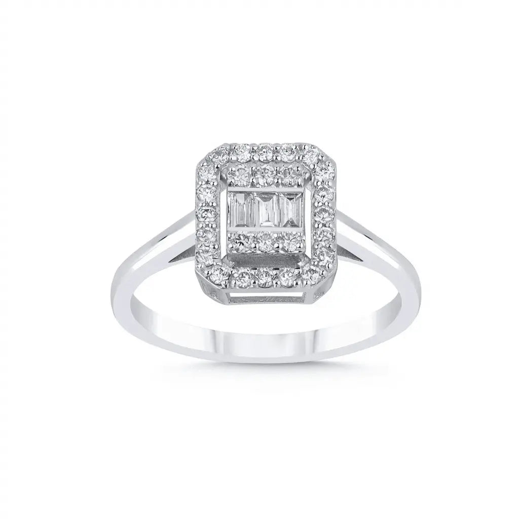 Emerald Halo Baguette Diamond Ring – 14K White Gold - Majestic Jewellery