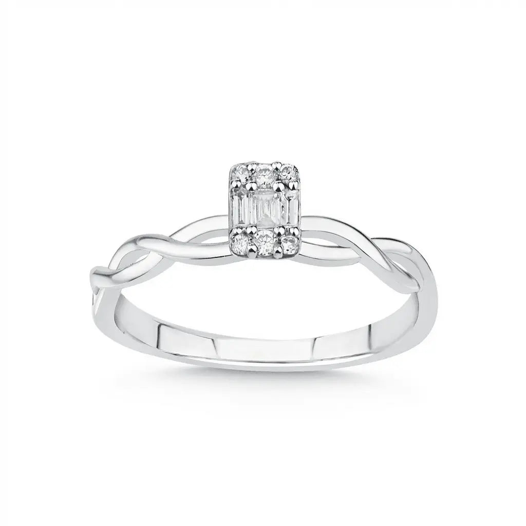 Twisted Band Baguette Diamond Ring – 14K White Gold - Majestic Jewellery