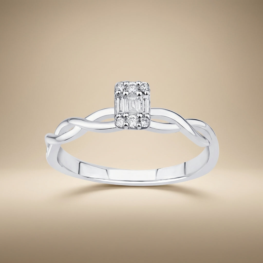 Twisted Band Baguette Diamond Ring – 14K White Gold