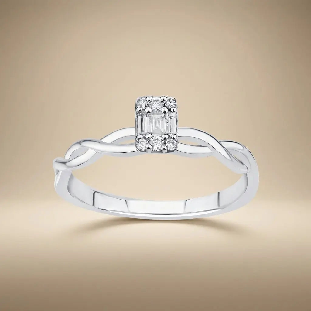 Twisted Band Baguette Diamond Ring – 14K White Gold - Majestic Jewellery