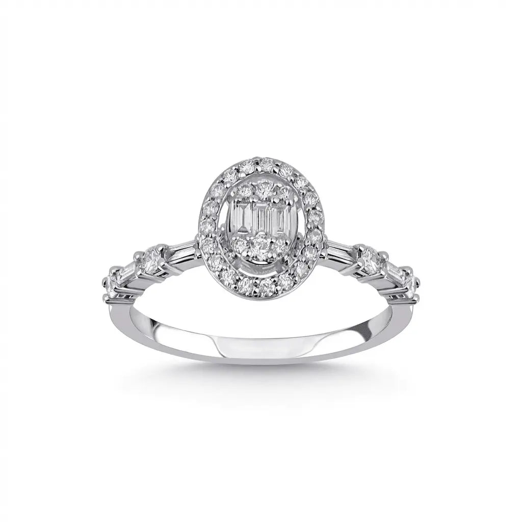 Oval Halo Baguette Diamond Ring – 14K White Gold - Majestic Jewellery
