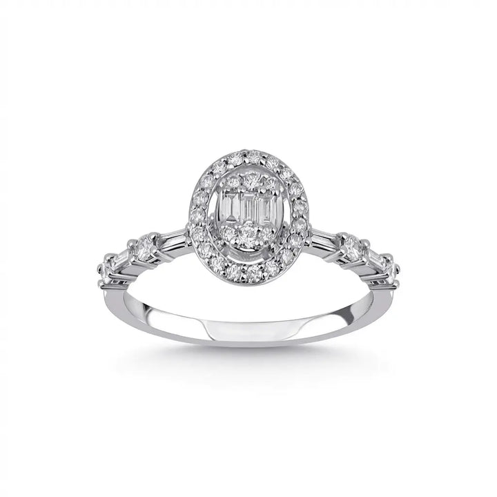 Oval Halo Baguette Diamond Ring – 14K White Gold - Majestic Jewellery