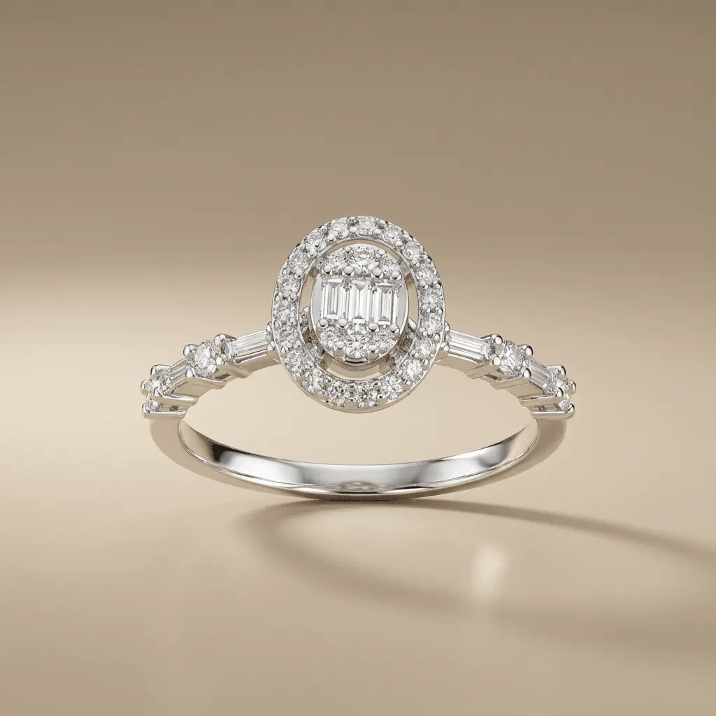 Oval Halo Baguette Diamond Ring – 14K White Gold - Majestic Jewellery