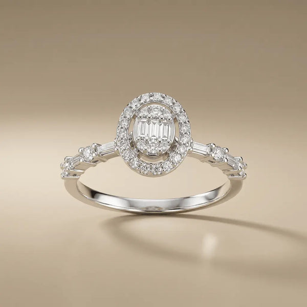 Oval Halo Baguette Diamond solid diamond ring by Majestic Jewellery