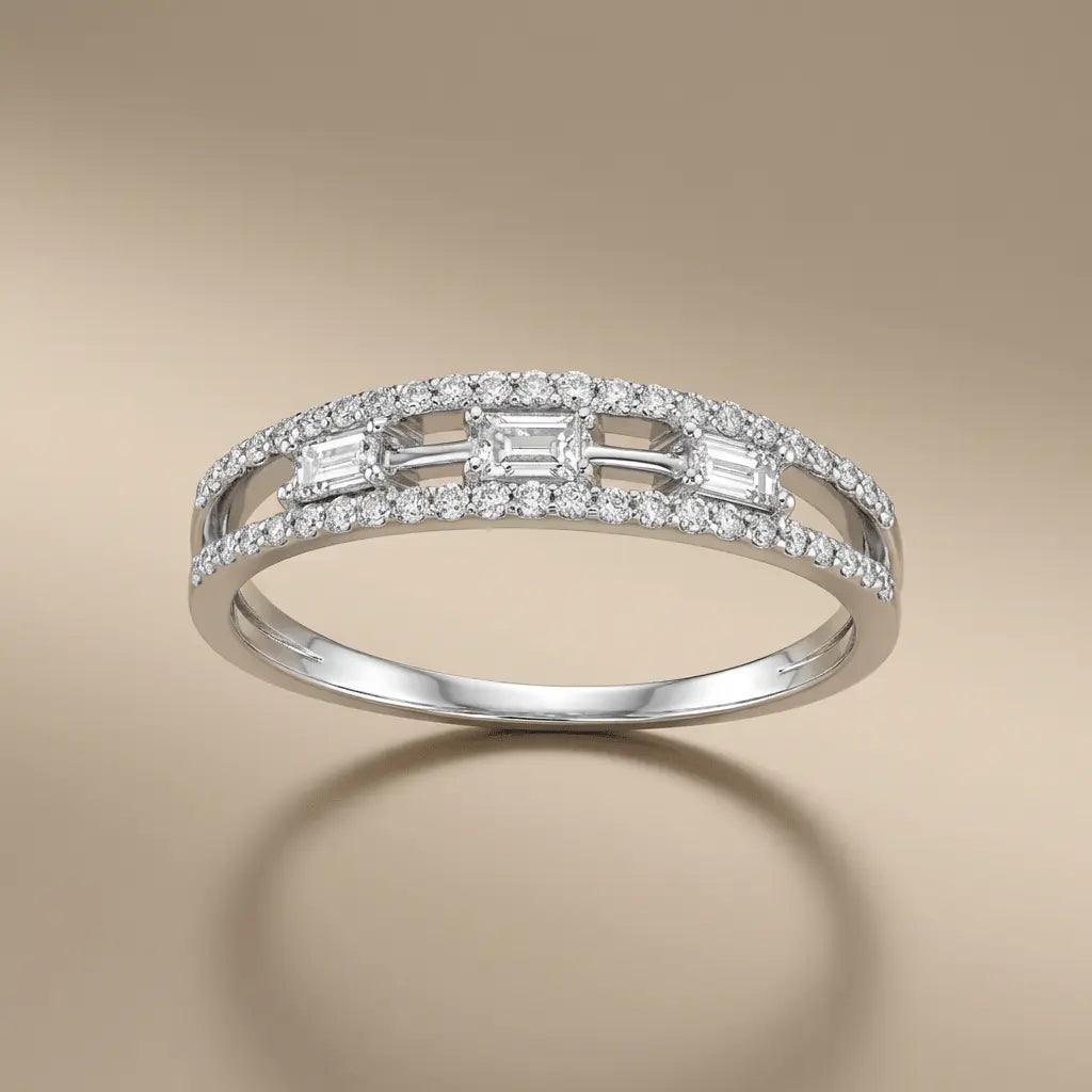 Baguette Diamond Center Band Ring – 14K White Gold - Majestic Jewellery