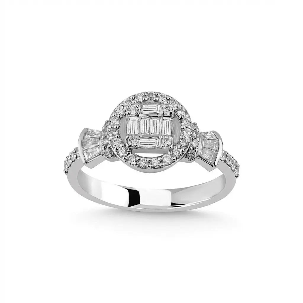 Halo Baguette Diamond Cluster Ring – 14K White Gold - Majestic Jewellery