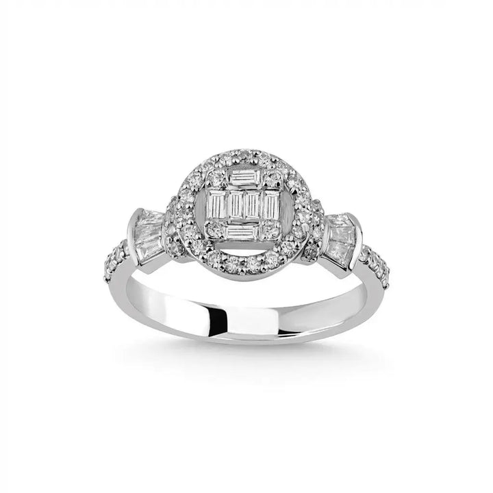 Halo Baguette Diamond Cluster Ring – 14K White Gold - Majestic Jewellery