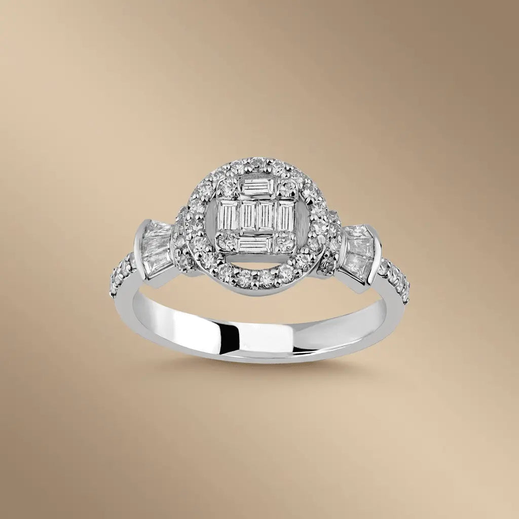 Halo Baguette Diamond Cluster Ring – 14K White Gold - Majestic Jewellery
