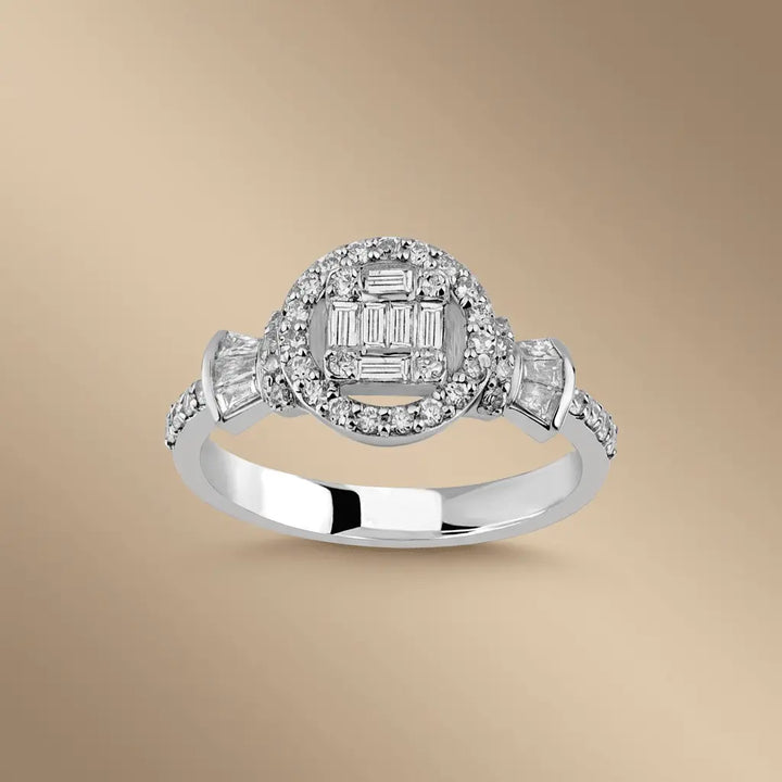 Halo Baguette Diamond Cluster Ring – 14K White Gold - Majestic Jewellery