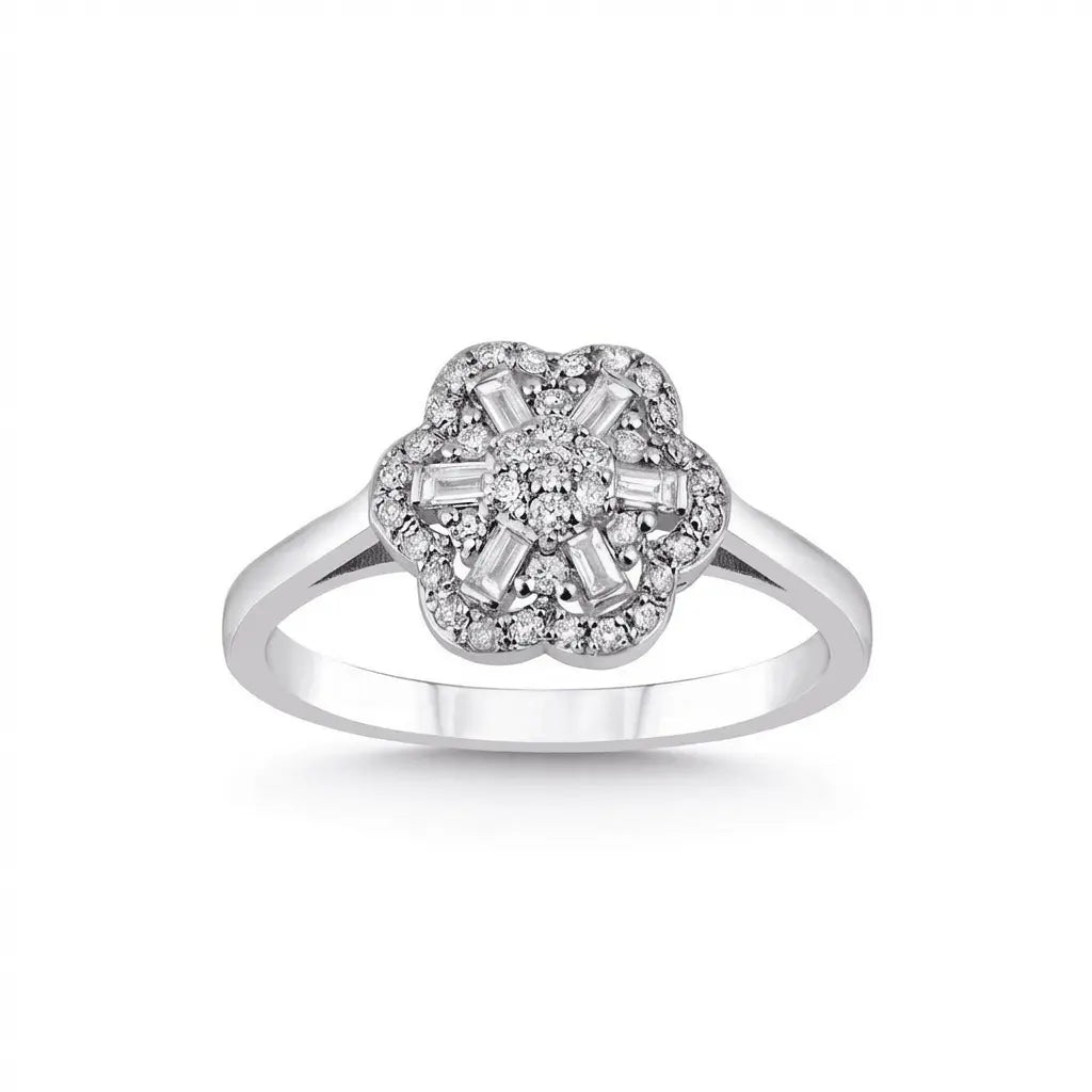 Vintage Flower Diamond Cluster Ring – 14K White Gold - Majestic Jewellery